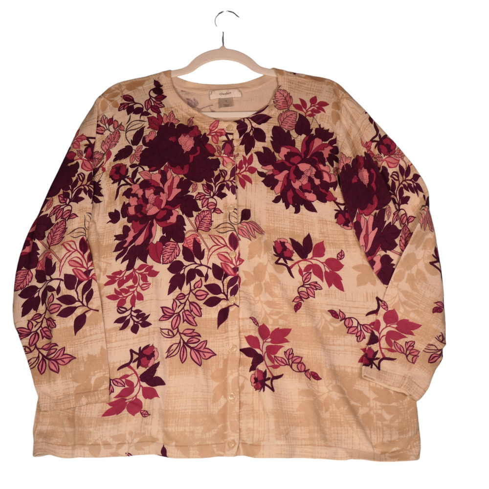 CJ Banks Cardigan Sweater Womens 1X Beige Pink Purple Floral Cotton Boho